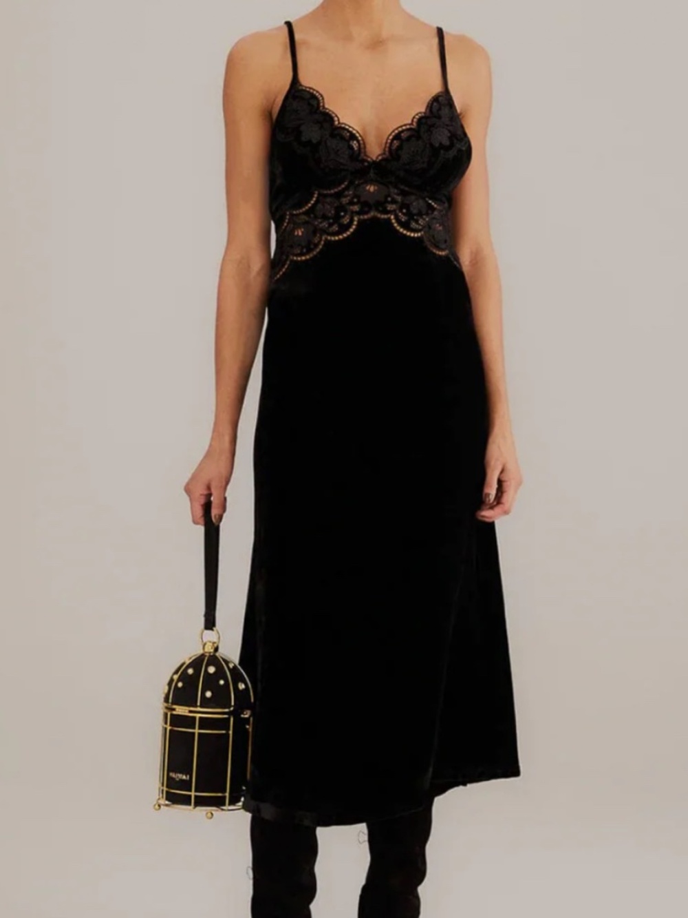 FARM Rio Black Lace-Trim Velvet Slip Dress